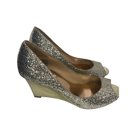 Badgley Mischka Gold Sequin Open Toe Heels Wedges - Picture 3 of 6